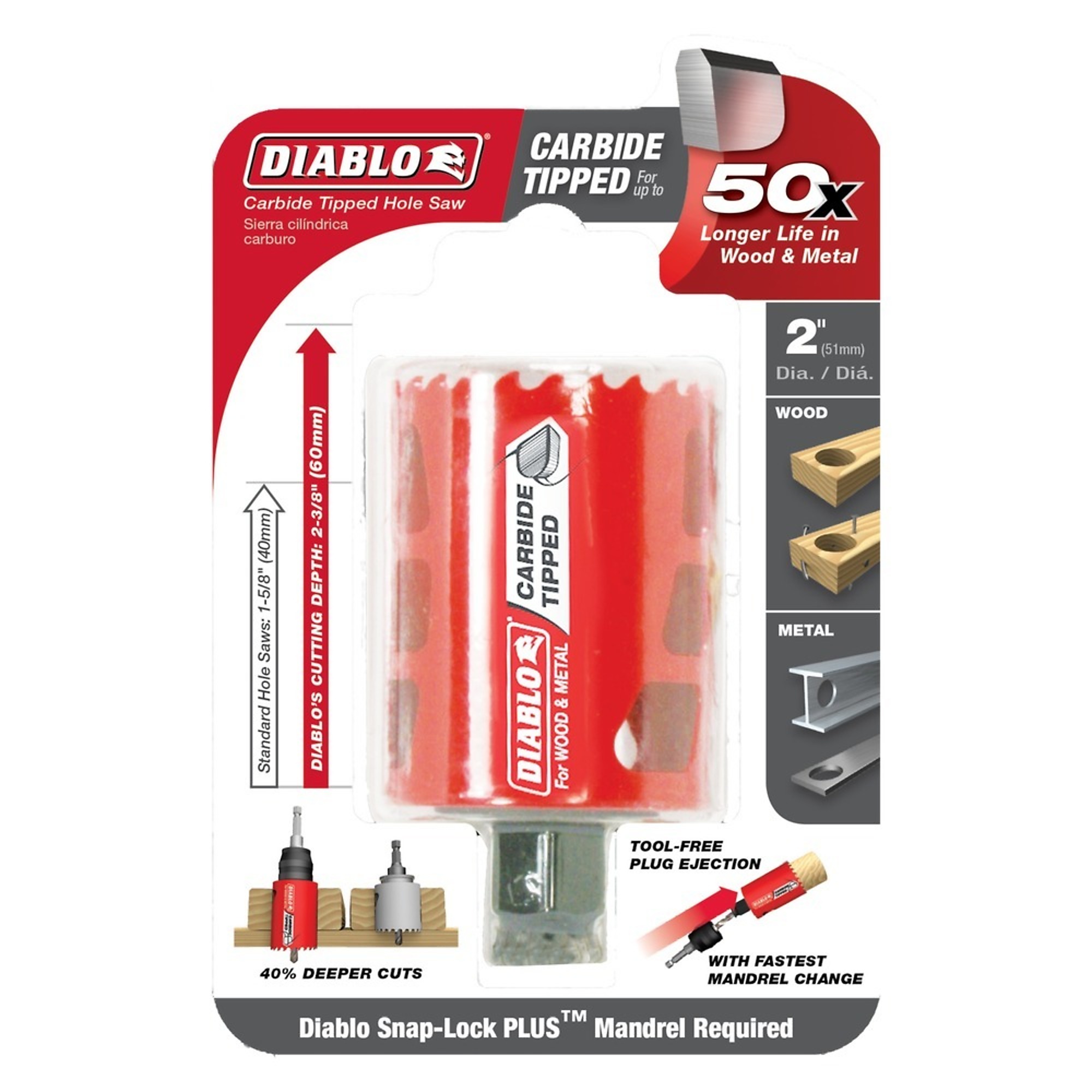 Diablo Tools Carbide-Tipped Wood/Metal Holesaw - 2in., 60mm Cutting Depth, Model# DHS2000CT